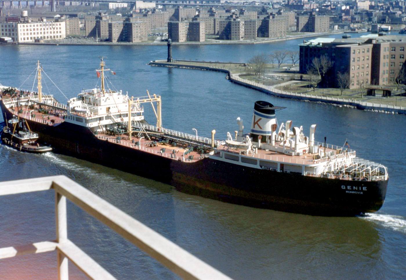 General View Of Genie Monrovia Being Pushed Into Harbor, East River, Roosevelt Island Background, Manhattan, 1950S.