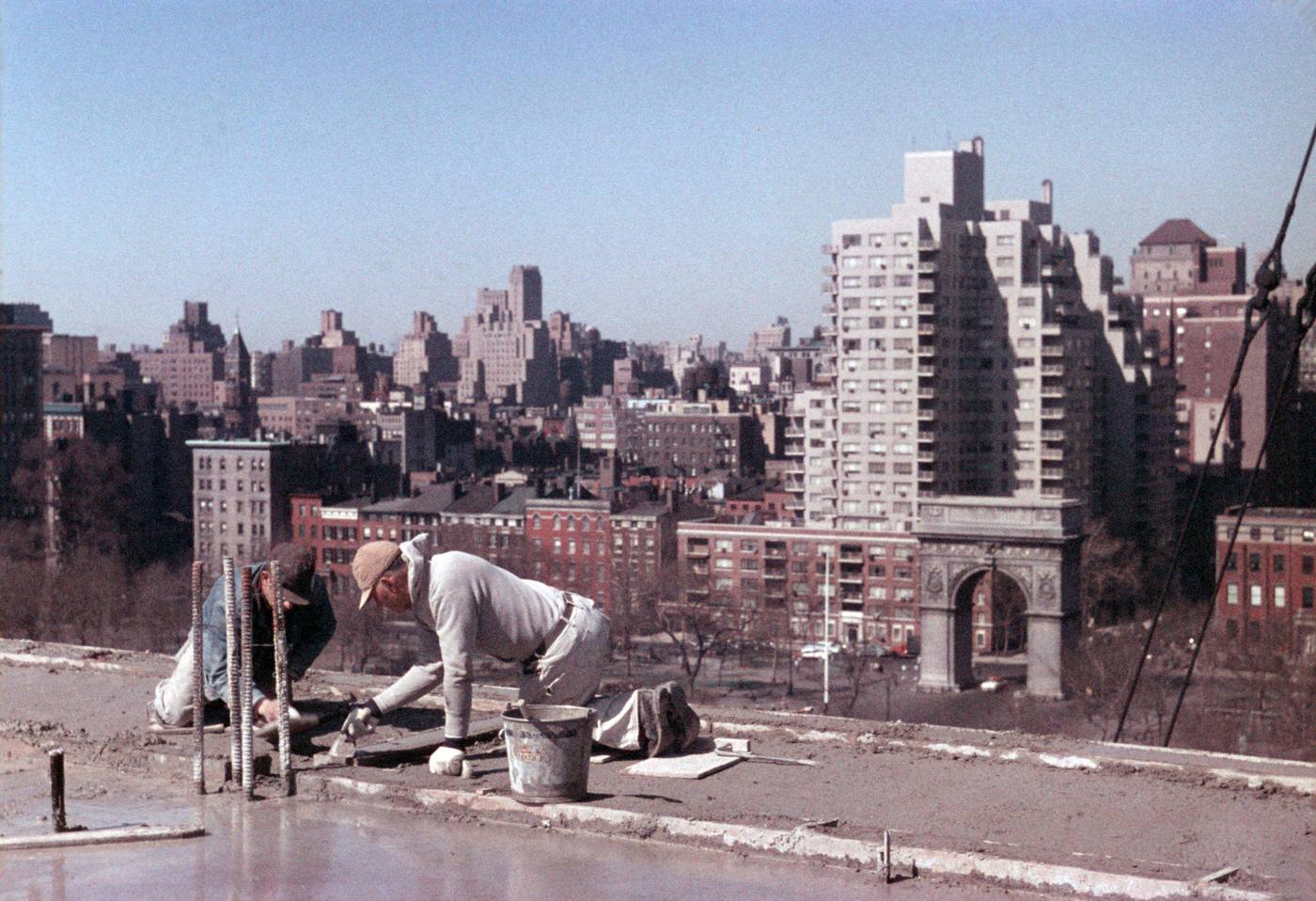 Construction Workers Laying Concrete On The Roof Of Skirball Center, Greenwich Village, Manhattan, 1958.