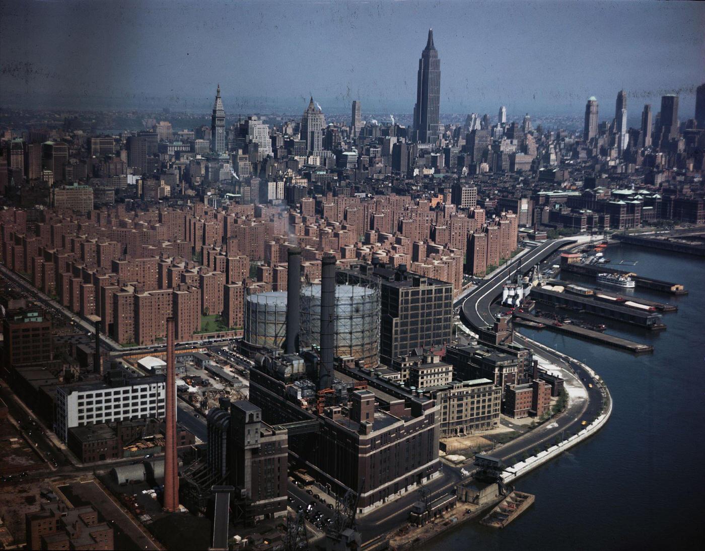 Aerial View Of Cooper Village And Stuyvesant Town, Tenement Housing Projects, Empire State Building In Background, Manhattan, 1951.