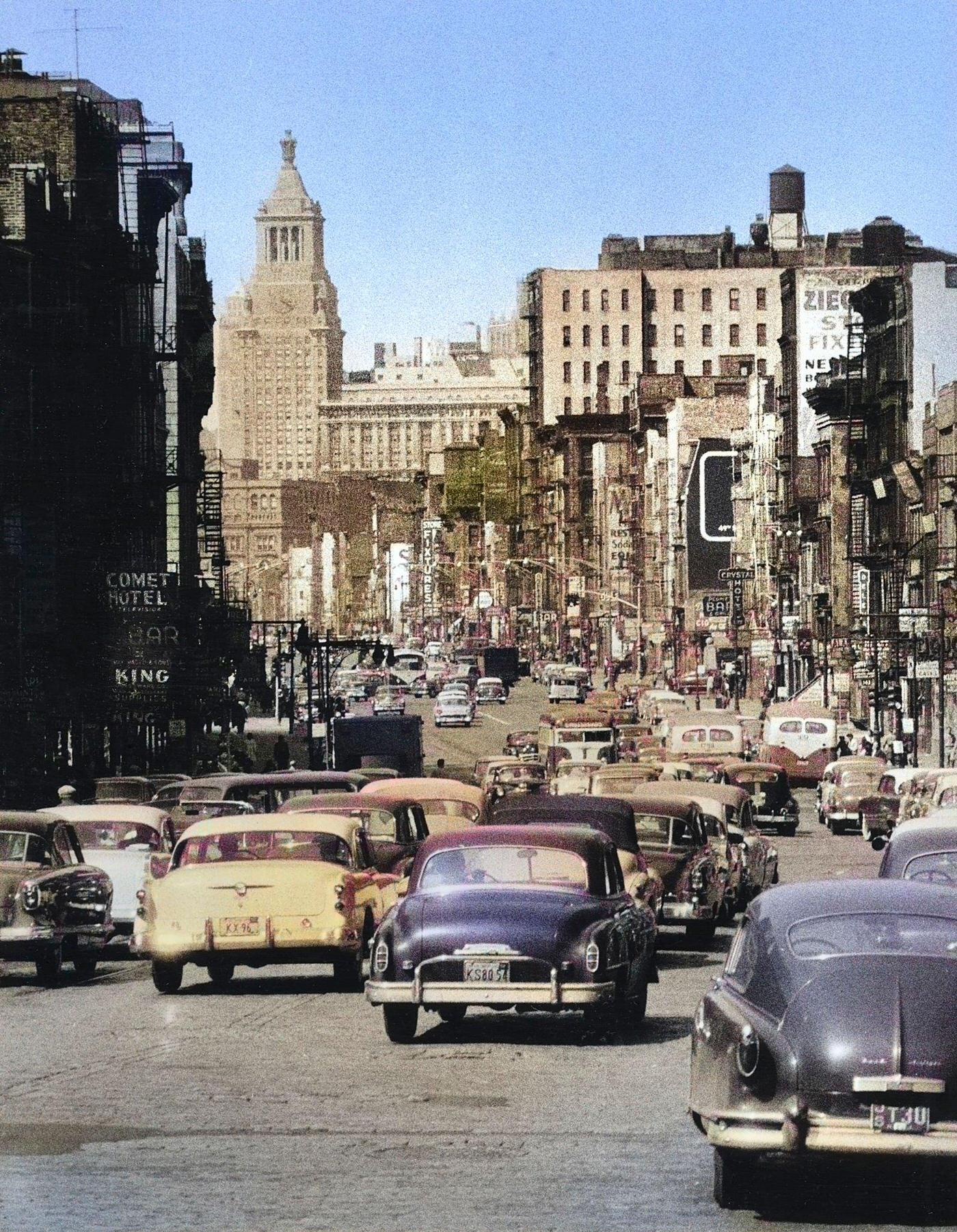 Traffic Traveling North On Bowery, Manhattan, May 1956.