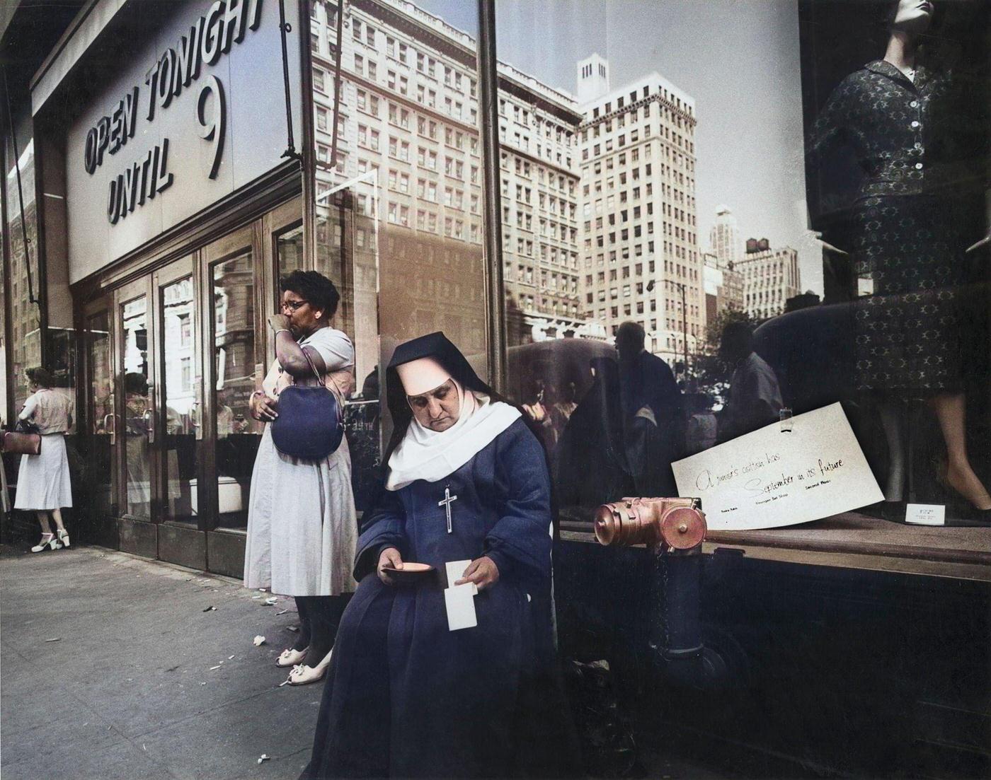 Nun Sitting On Sidewalk Seeking Charity, Manhattan, August 1958.