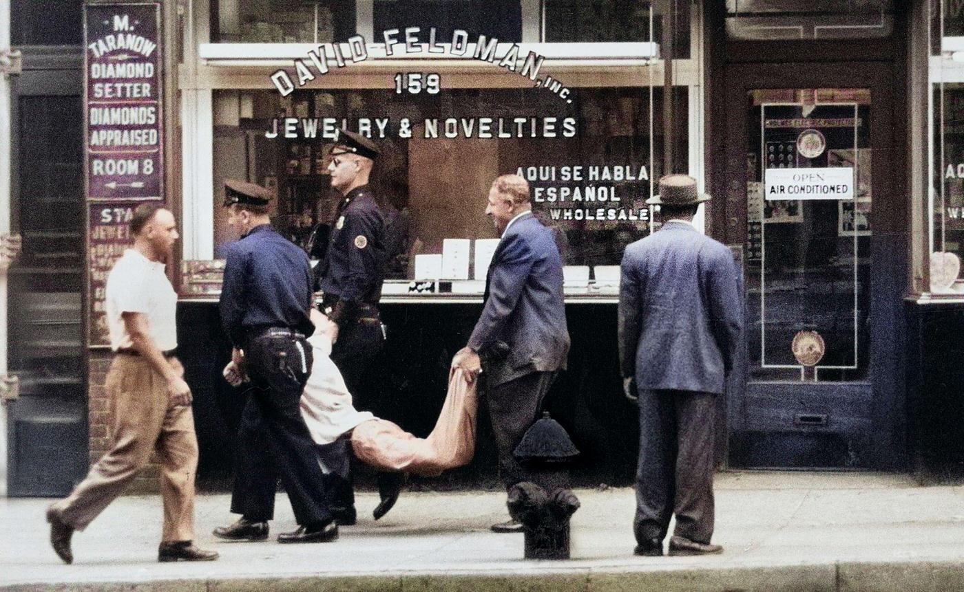 Police Officers Carrying Man On Sidewalk, Manhattan, August 1953.