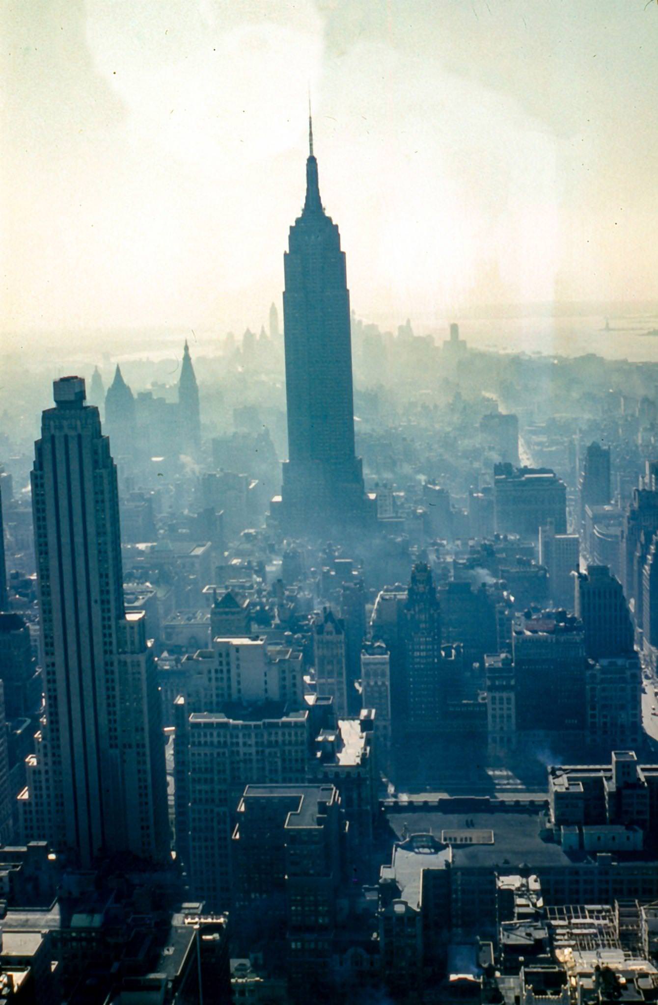 Panoramic View Of Downtown Manhattan With Empire State Building And Statue Of Liberty, 1957