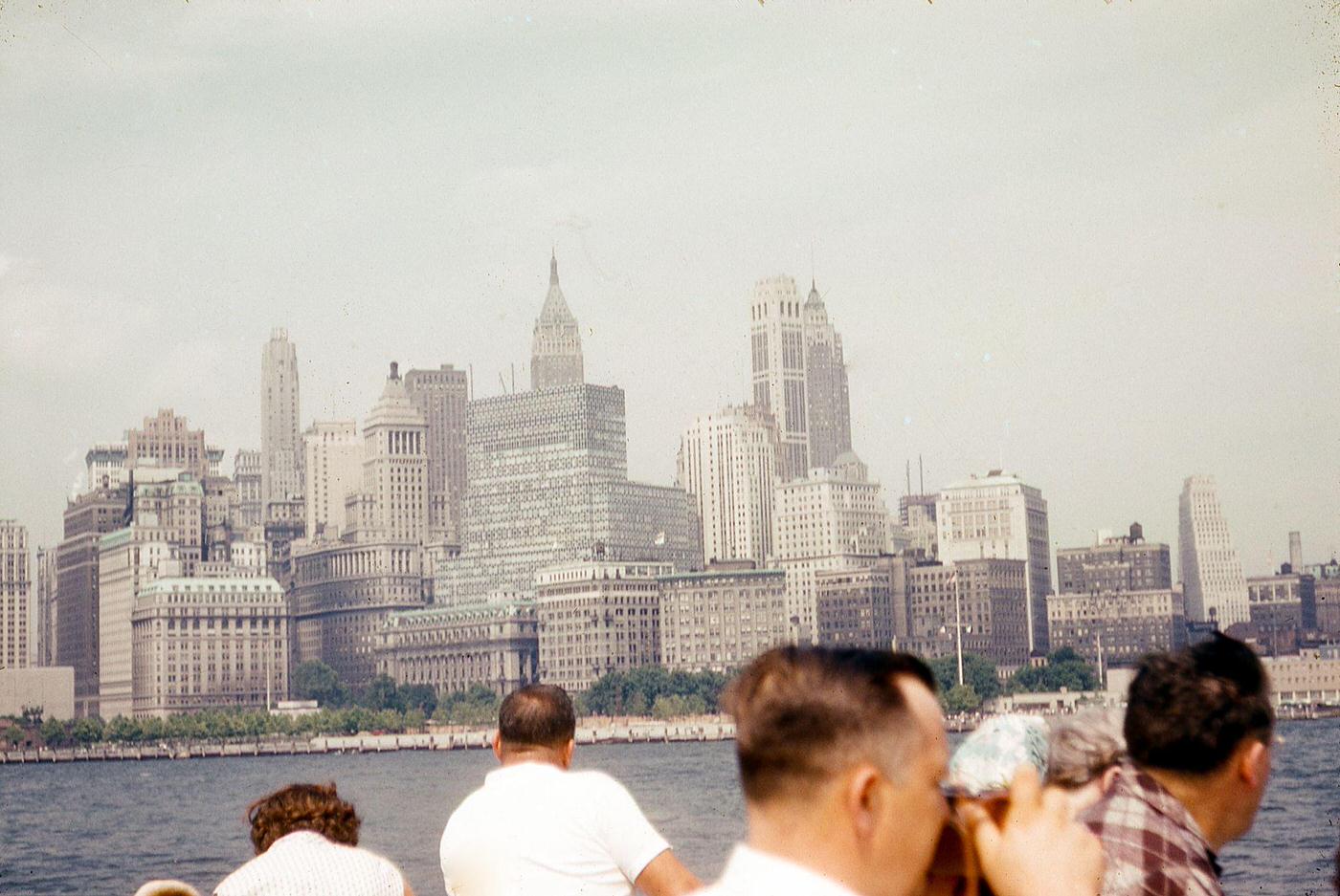 Tourists Aboard A Ship Taking Photos In New York Harbor Approaching Manhattan, 1952