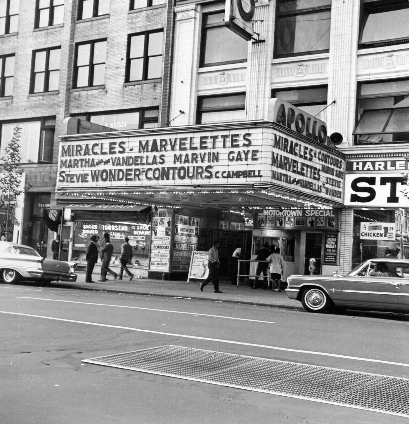 Exterior View Of The Apollo Theater Advertising Performers Including The Miracles, The Marvelettes, Martha And The Vandellas, Marvin Gaye, Stevie Wonder, The Contours, And Choker Campbell, Manhattan, 1960S