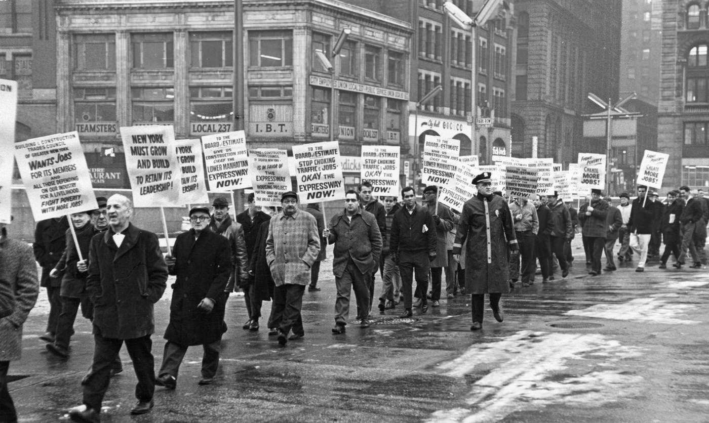 Placard-Holders At A Pro-'Lower Manhattan Expressway' Demonstration Near The Intersection Of Park Row And Centre Street, Manhattan, 1964