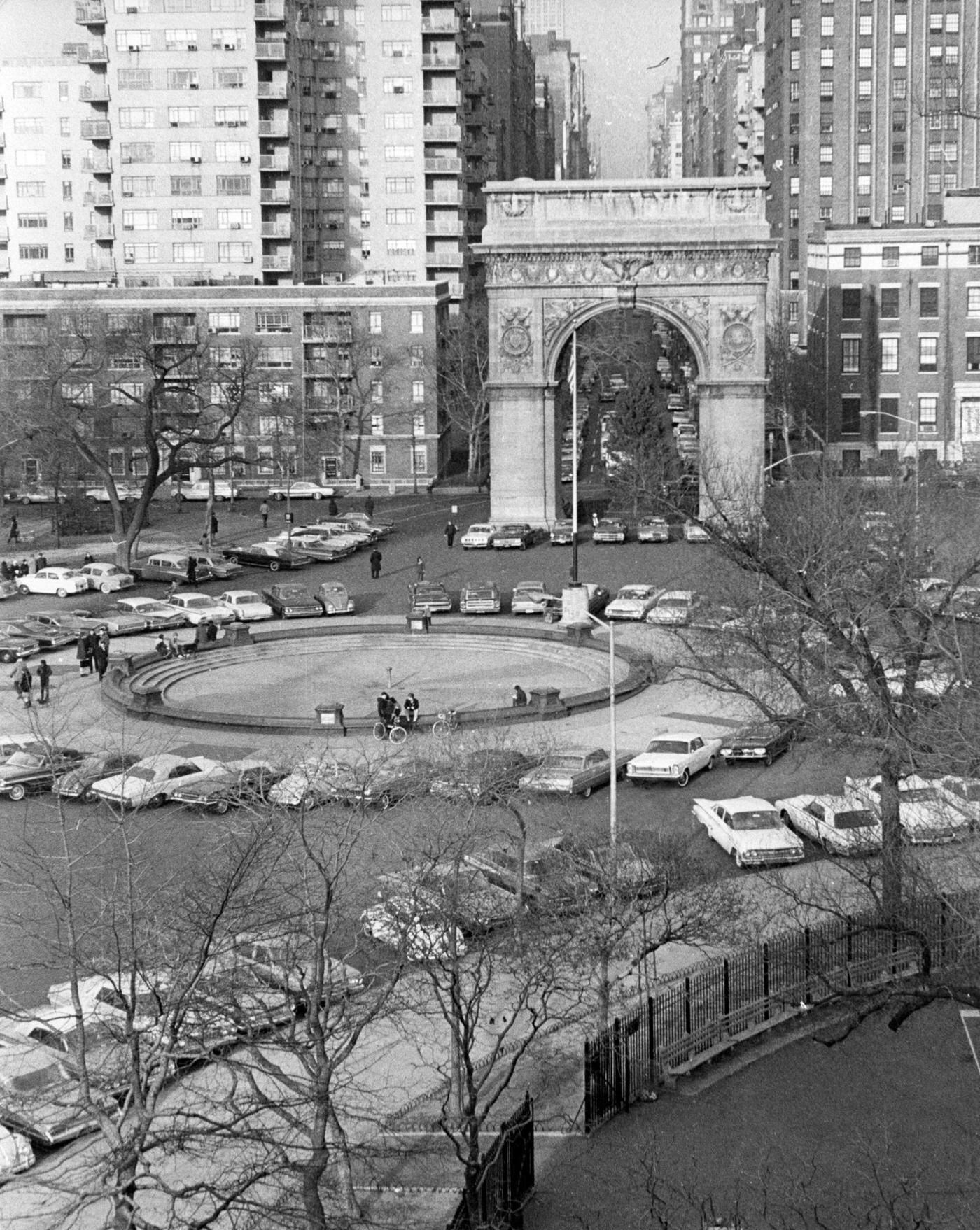 Elevated View Of Washington Square Park Used As A Parking Lot During Its Mid-1960S Redesign, Manhattan, 1966
