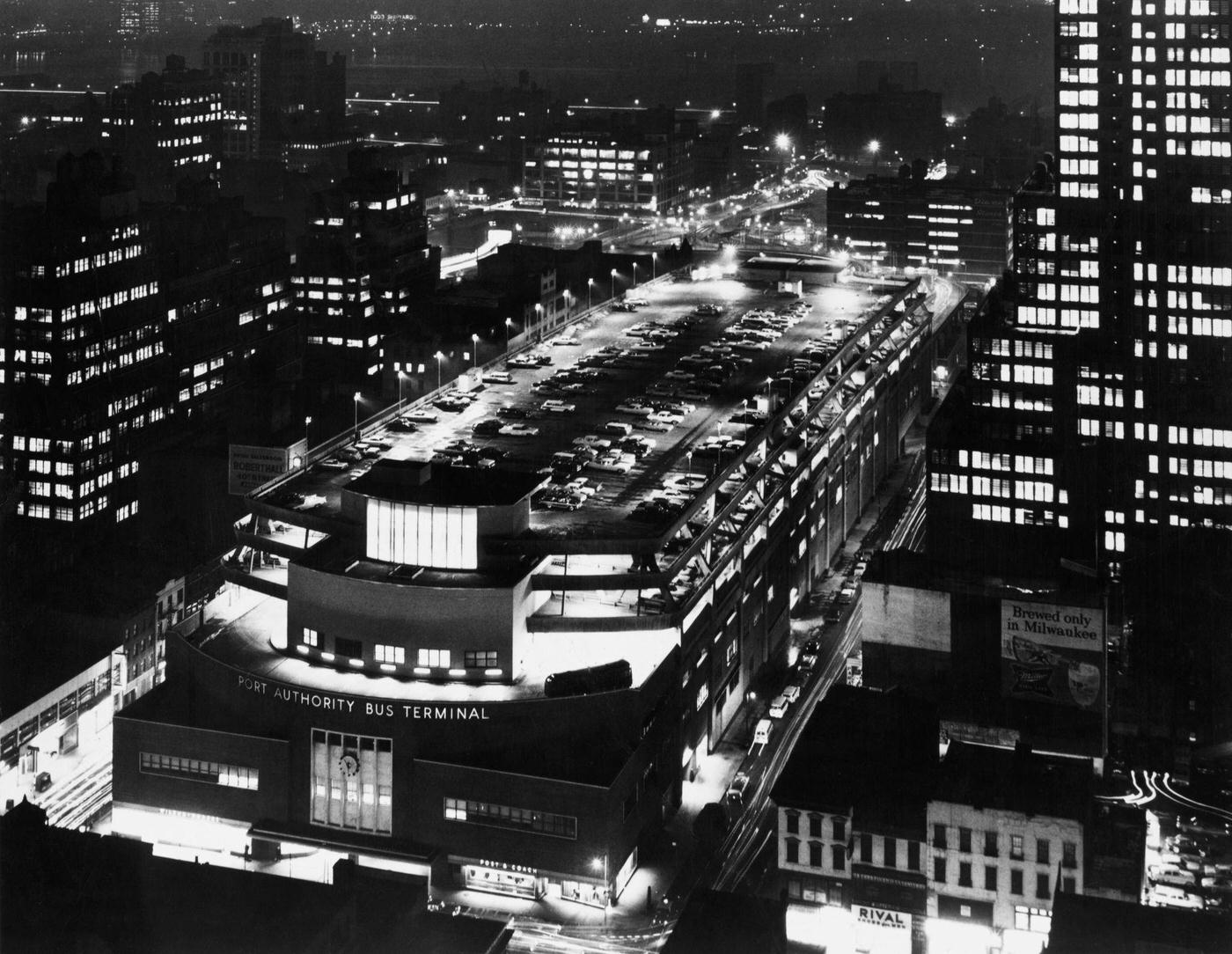 High-Angle View Of The Port Authority Bus Terminal Illuminated By Night, Manhattan, 1965