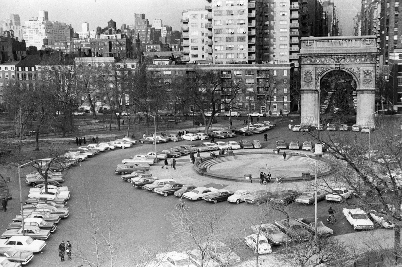 Elevated View Of Washington Square Park Used As A Parking Lot During Its Mid-1960S Redesign, Manhattan, 1966