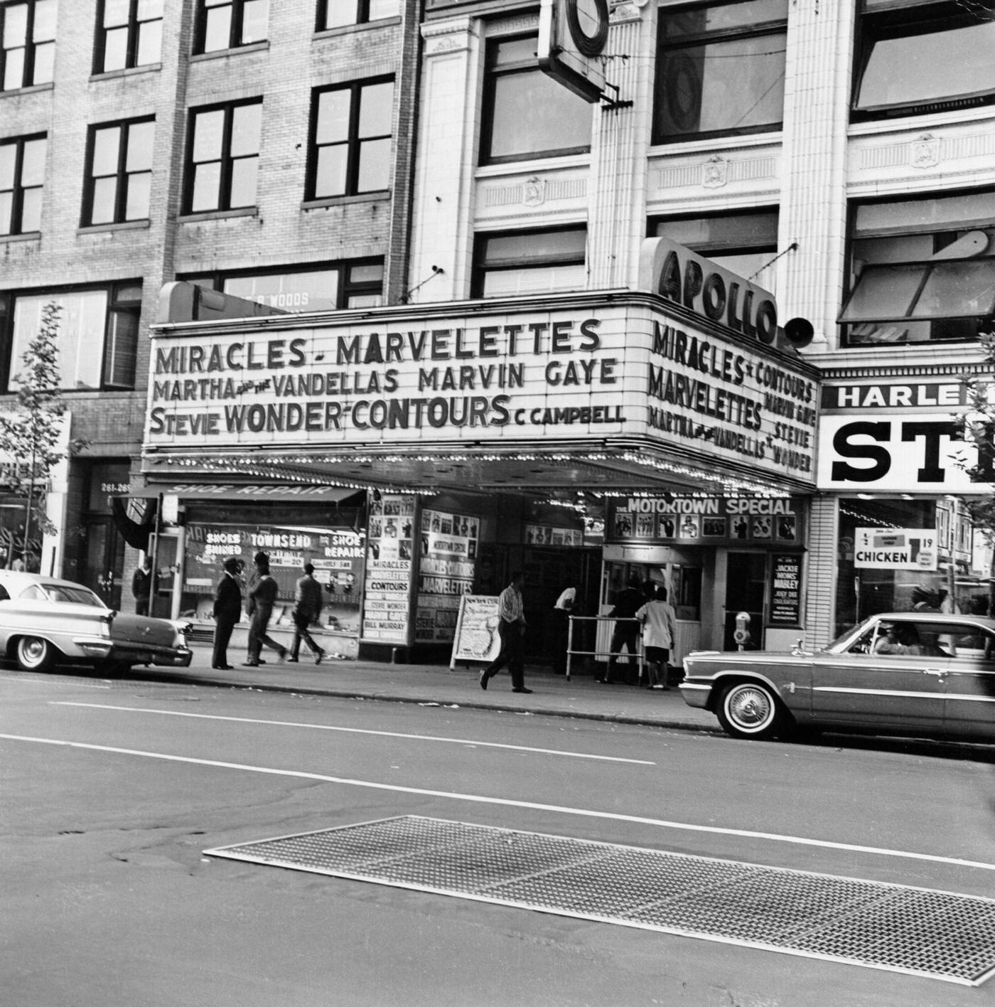 The Apollo Theater In Harlem Advertising Concerts By The Miracles, The Marvelettes, Martha And The Vandellas, Marvin Gaye, Stevie Wonder, The Contours, And Choker Campbell, Manhattan, 1963