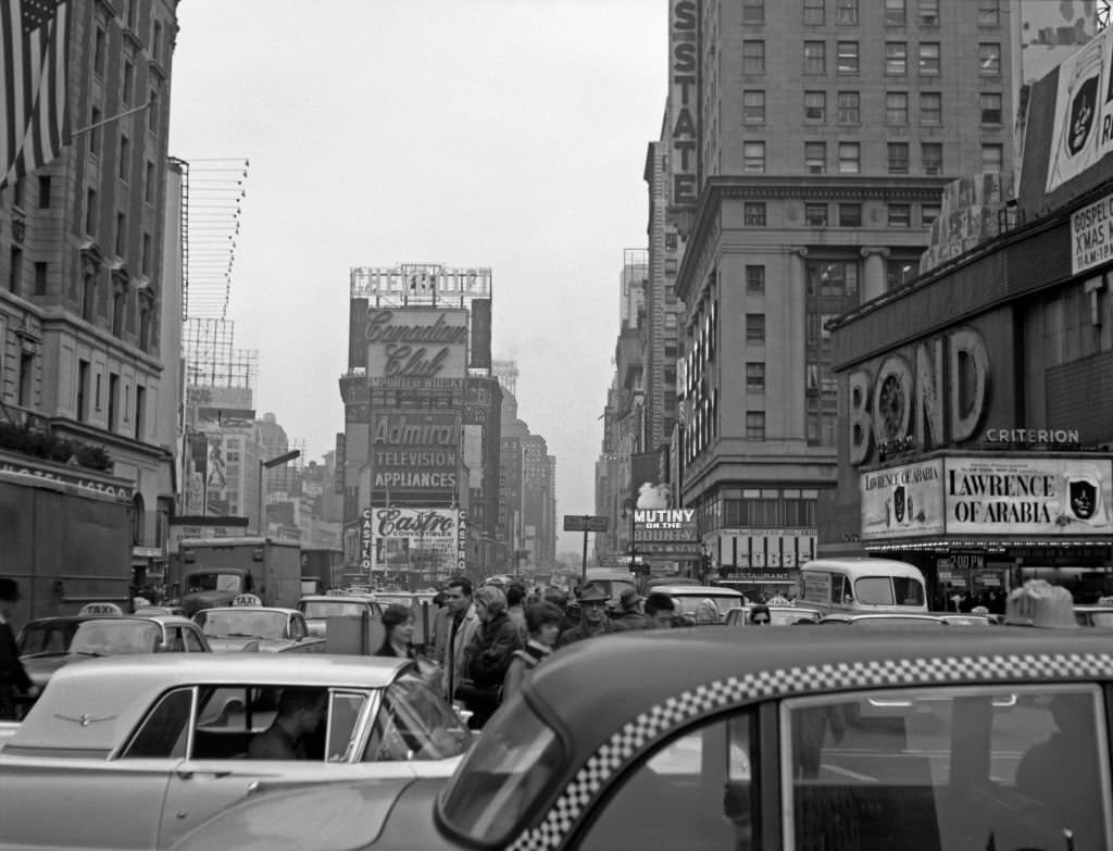 Vehicles And Pedestrians Create Gridlock On Seventh Avenue In Times Square, Manhattan, 1963