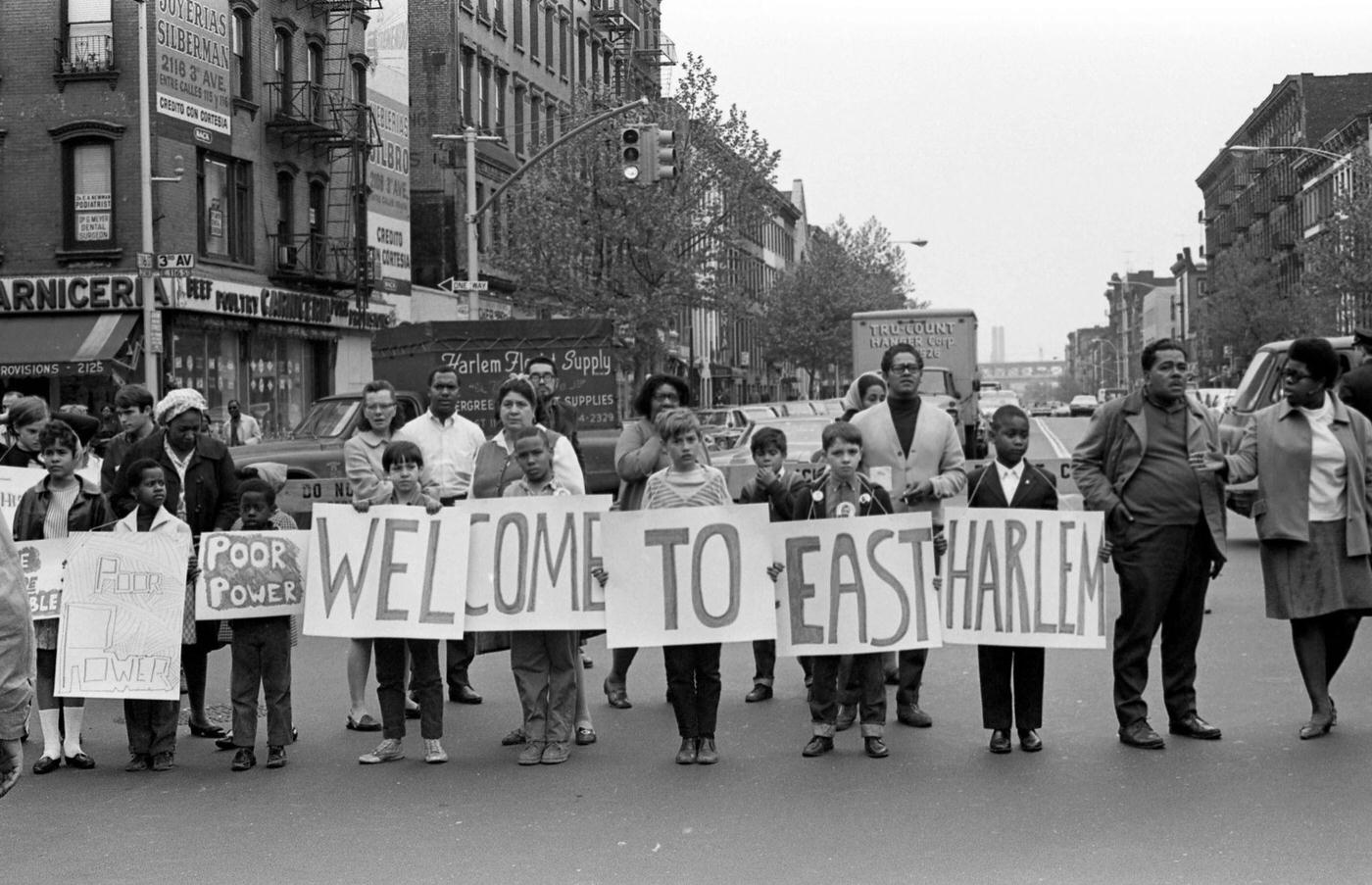 Residents Hold A 'Welcome To East Harlem' Sign To Greet The Arriving Poor People'S Campaign March, Manhattan, 1968