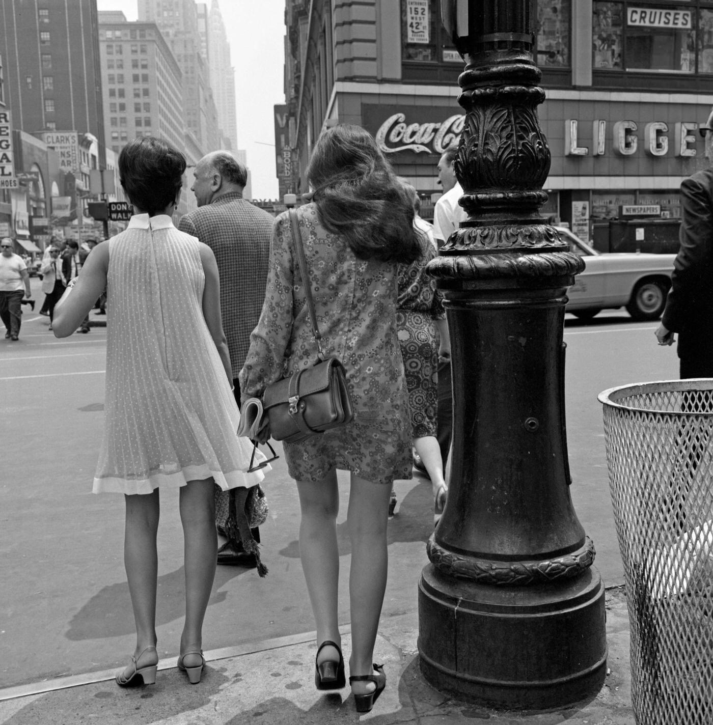 Two Teenage Girls Dressed In 1960S Fashion In Times Square, Manhattan, 1967