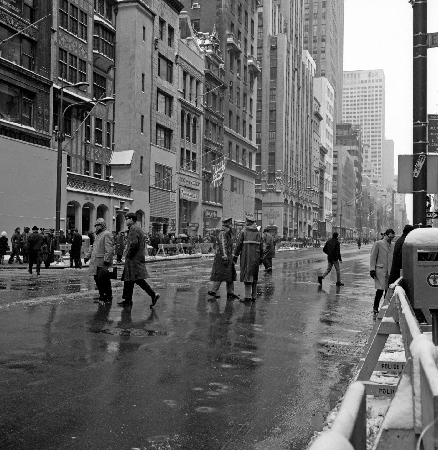 Pedestrians And Police Officers On 5Th Avenue At East 46Th Street Before St. Patrick'S Day Parade, Manhattan, 1967