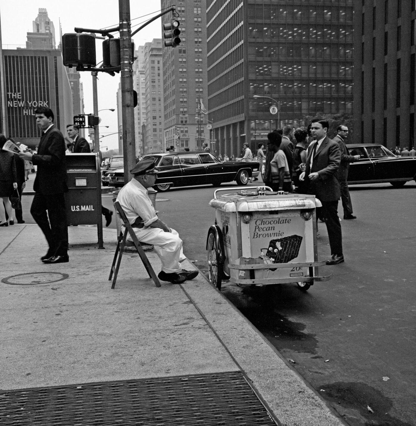 Ice Cream Vendor Waiting For Customers On 6Th Avenue, Manhattan, 1967