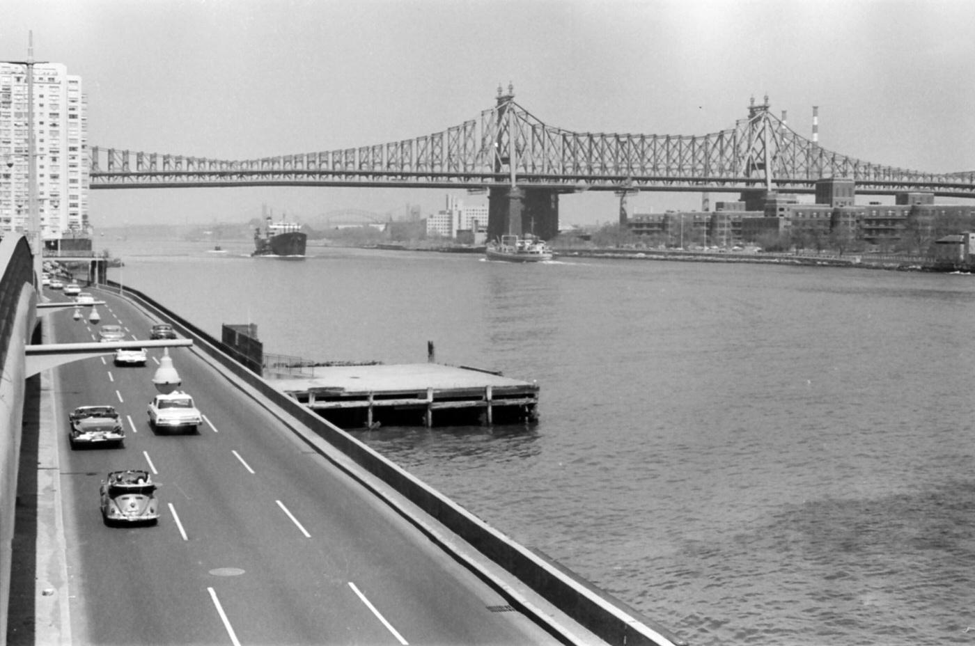 A View Of Cars On The Fdr Drive With The Manhattan Bridge In The Background In Manhattan, 1965.