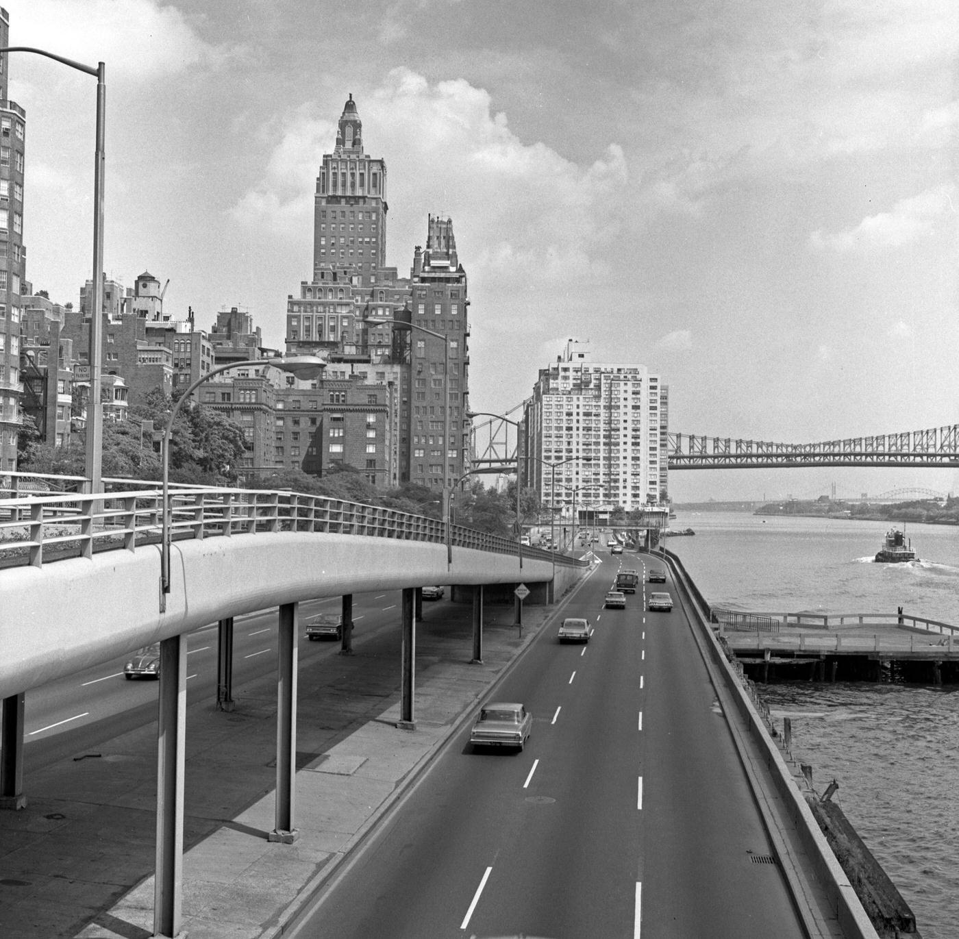 Elevated View Of Vehicle Traffic On The Fdr Drive, Looking North From East 48Th Street, With The Queensboro Bridge In Background, Manhattan, 1967.