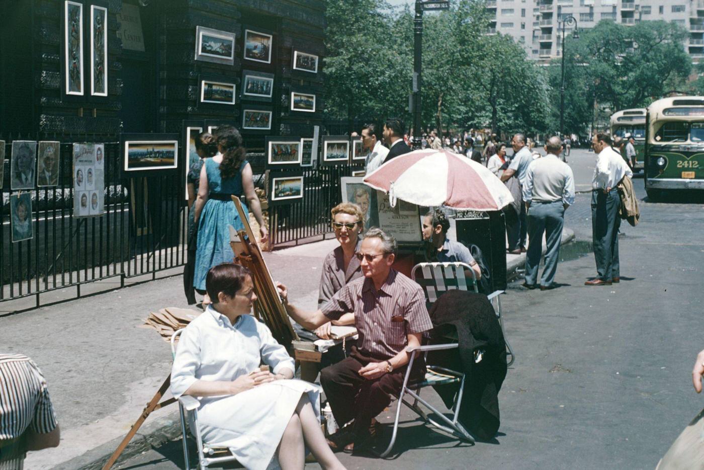 Man Paints A Portrait Of A Woman At Art Fair In Washington Square Park, Manhattan, 1965