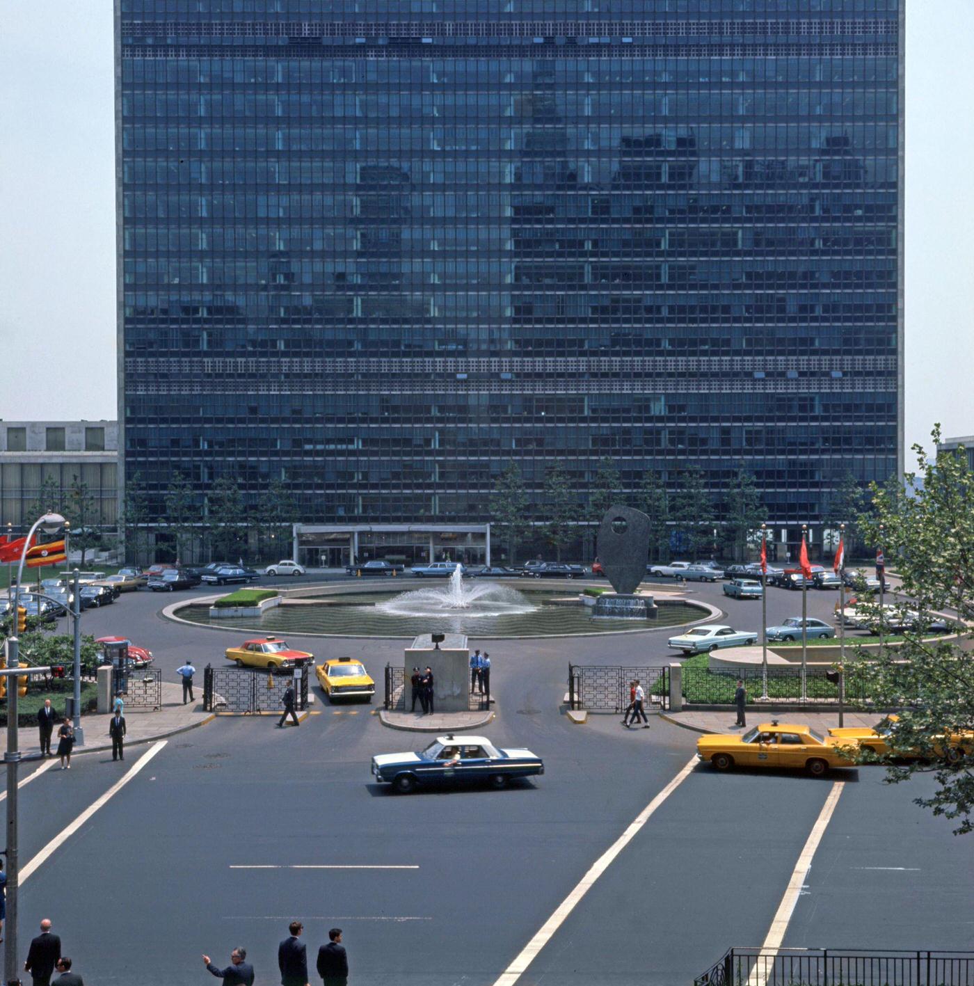 Elevated View Of Taxis In Front Of The United Nations Headquarters, Manhattan, 1967