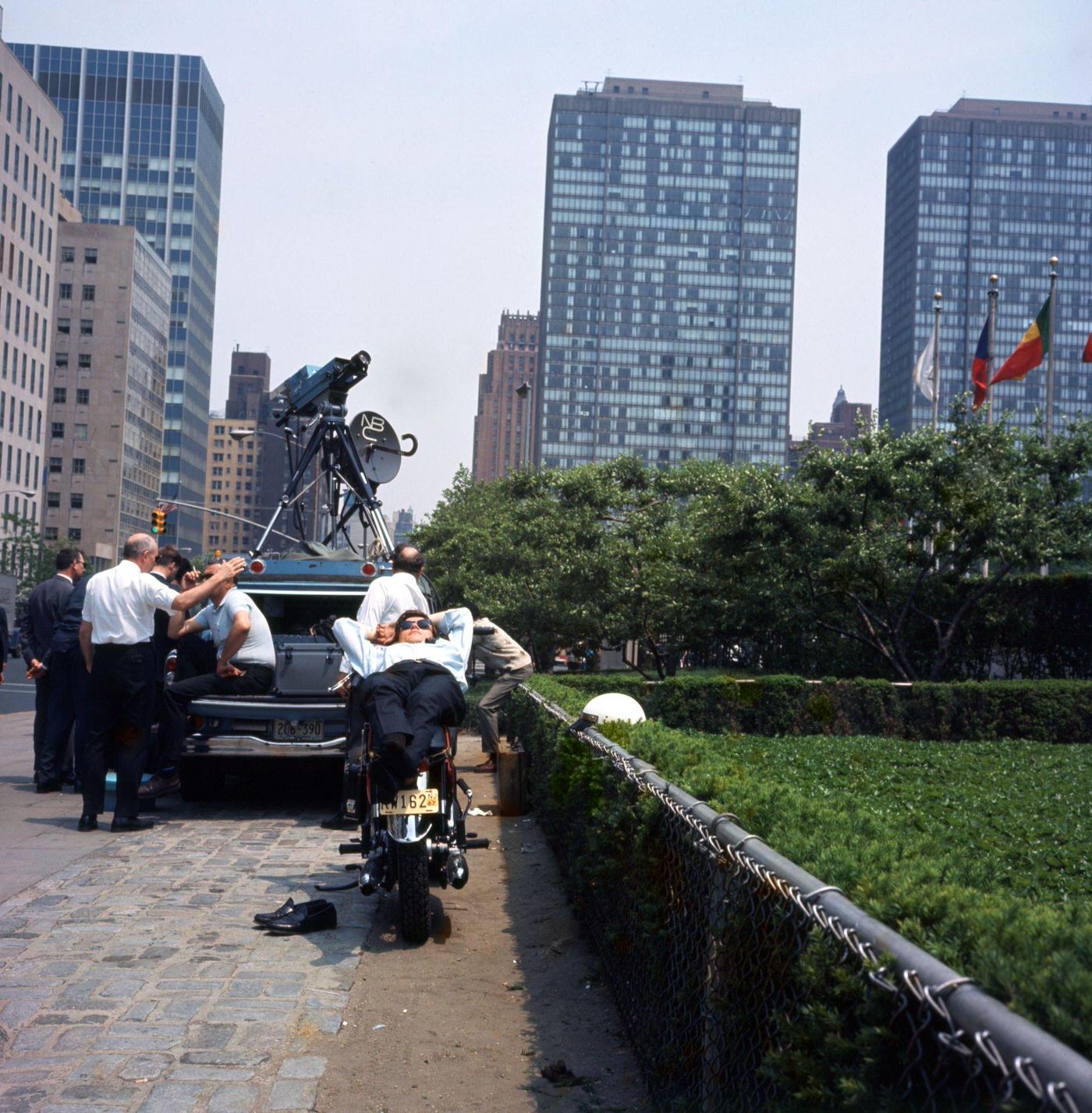 Nbc Television Crew Takes A Break Near The United Nations, Manhattan, 1967