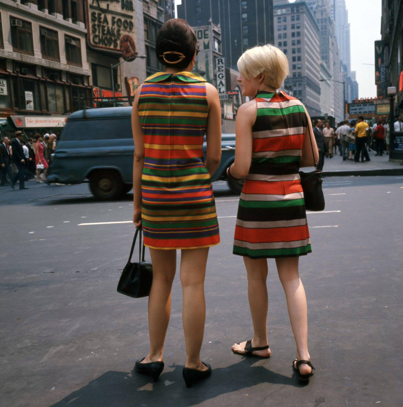 Girls Wearing Striped Dresses In Times Square, Manhattan, 1967