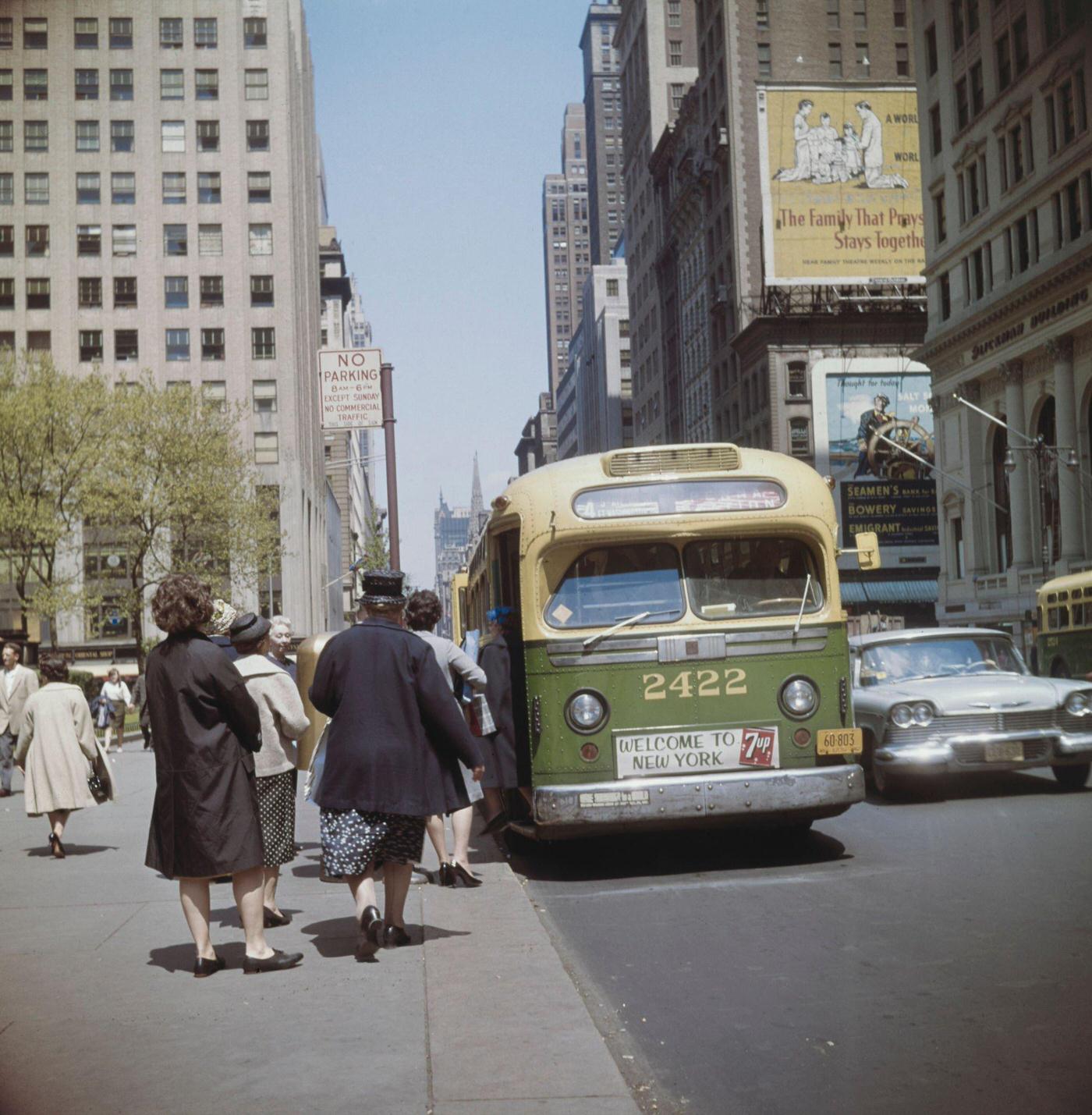 Passengers Boarding A Bus On Fifth Avenue, Midtown Manhattan, Manhattan, 1962