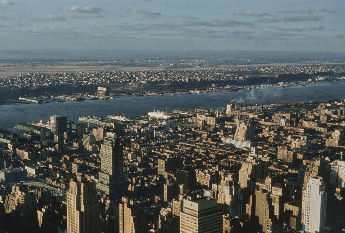 Aerial View Of Midtown Manhattan Skyline Over The Hudson River, Manhattan, 1960