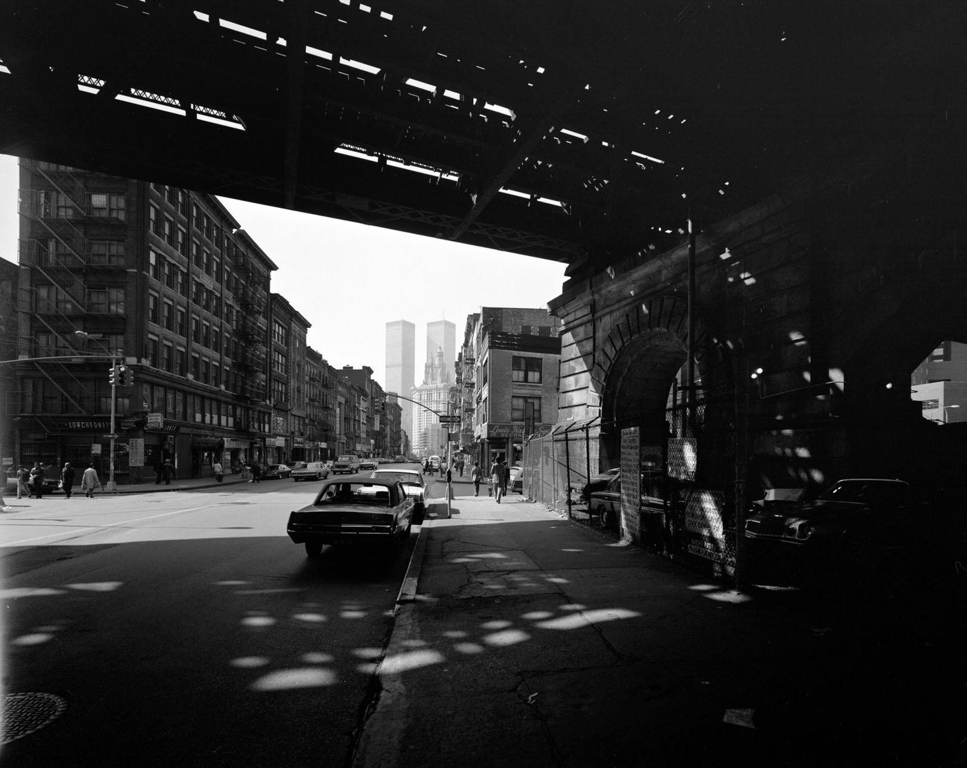 Underneath The Manhattan Bridge Overpass With A View Of World Trade Center, Manhattan, 1978.