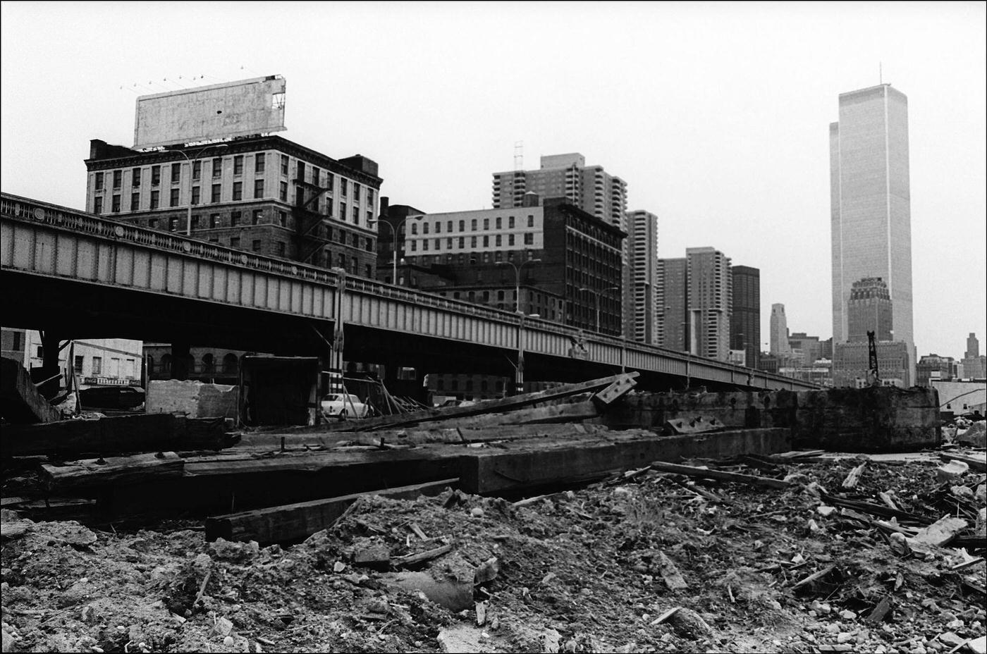 Twin Towers Of The World Trade Center Loom Over Tribeca With Independence Plaza In Center, Manhattan, 1974