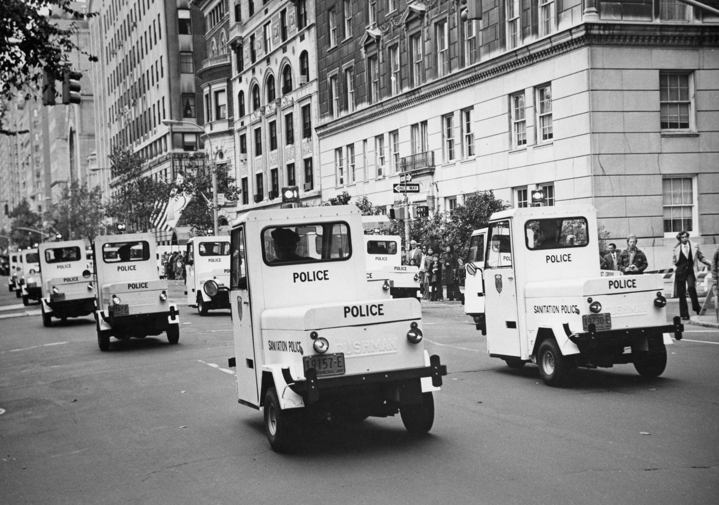 Nyc Sanitation Police Vehicles During Columbus Day Parade On Fifth Avenue, Manhattan, 1974