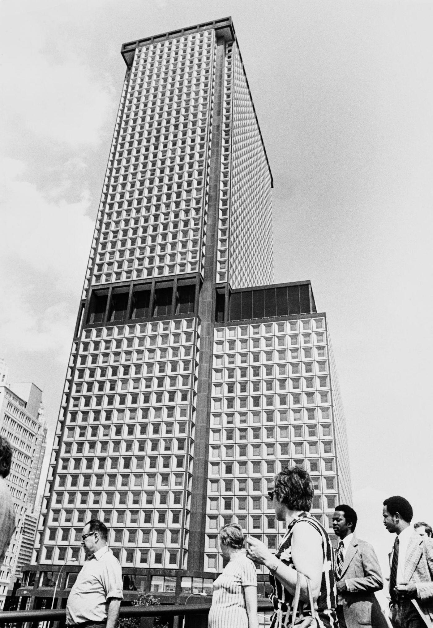 Low-Angle View Of 1 New York Plaza, 50-Storey Office Building In Financial District, Lower Manhattan, Manhattan, 1970