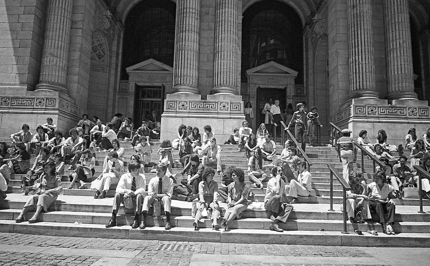 People Seated Outside The New York Public Library Main Branch, Manhattan, 1979