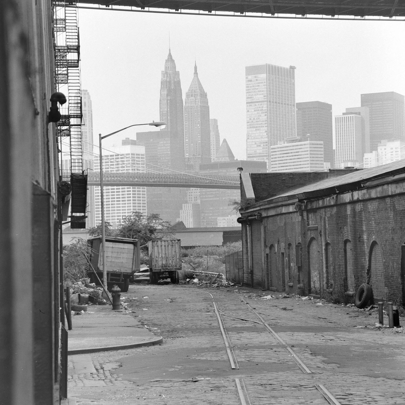 View Of Lower Manhattan Skyline From Manhattan Bridge Overpass, Brooklyn, Manhattan, 1975