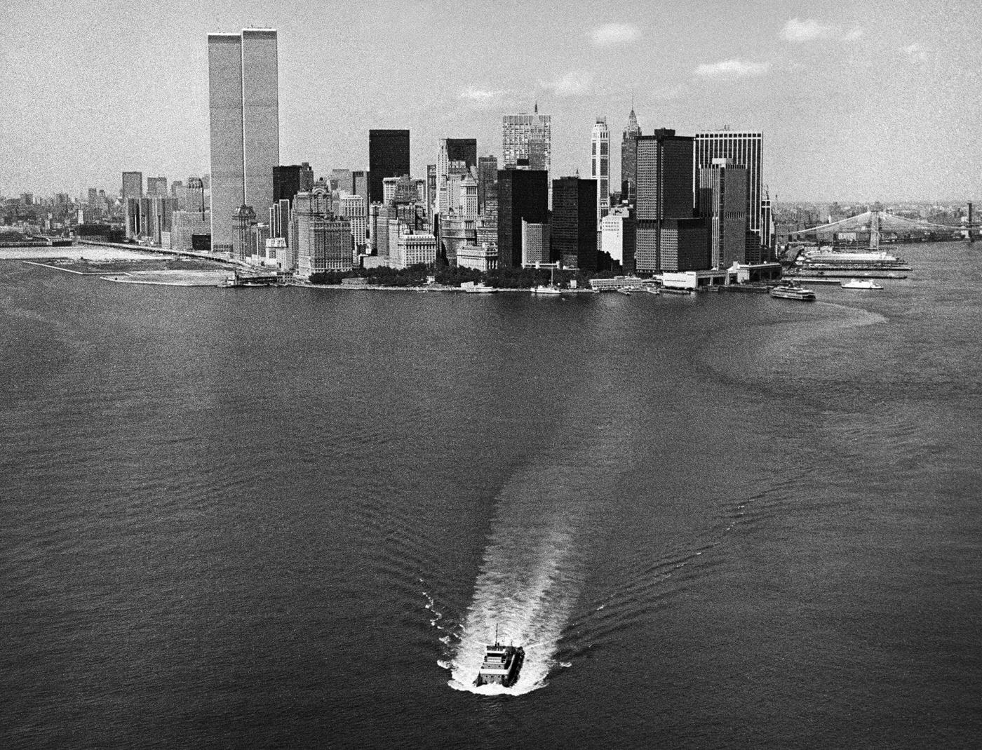 Aerial View Of New York Harbor And Lower Manhattan Skyline With Ferry, Manhattan, 1978