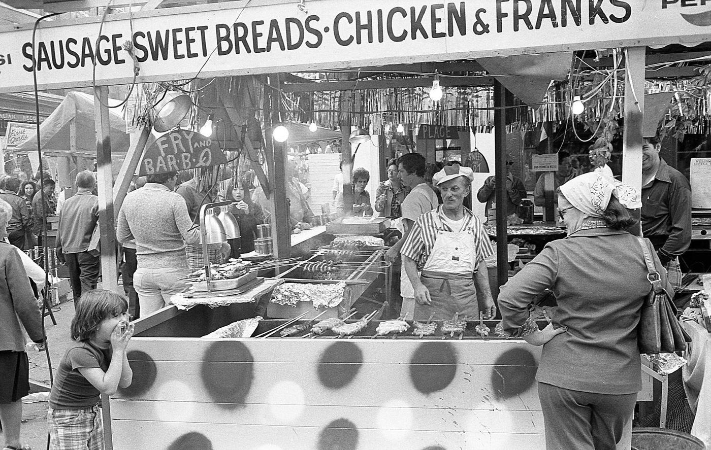 Vendor Grilling Food During The Feast Of San Gennaro, Little Italy, Manhattan, 1975