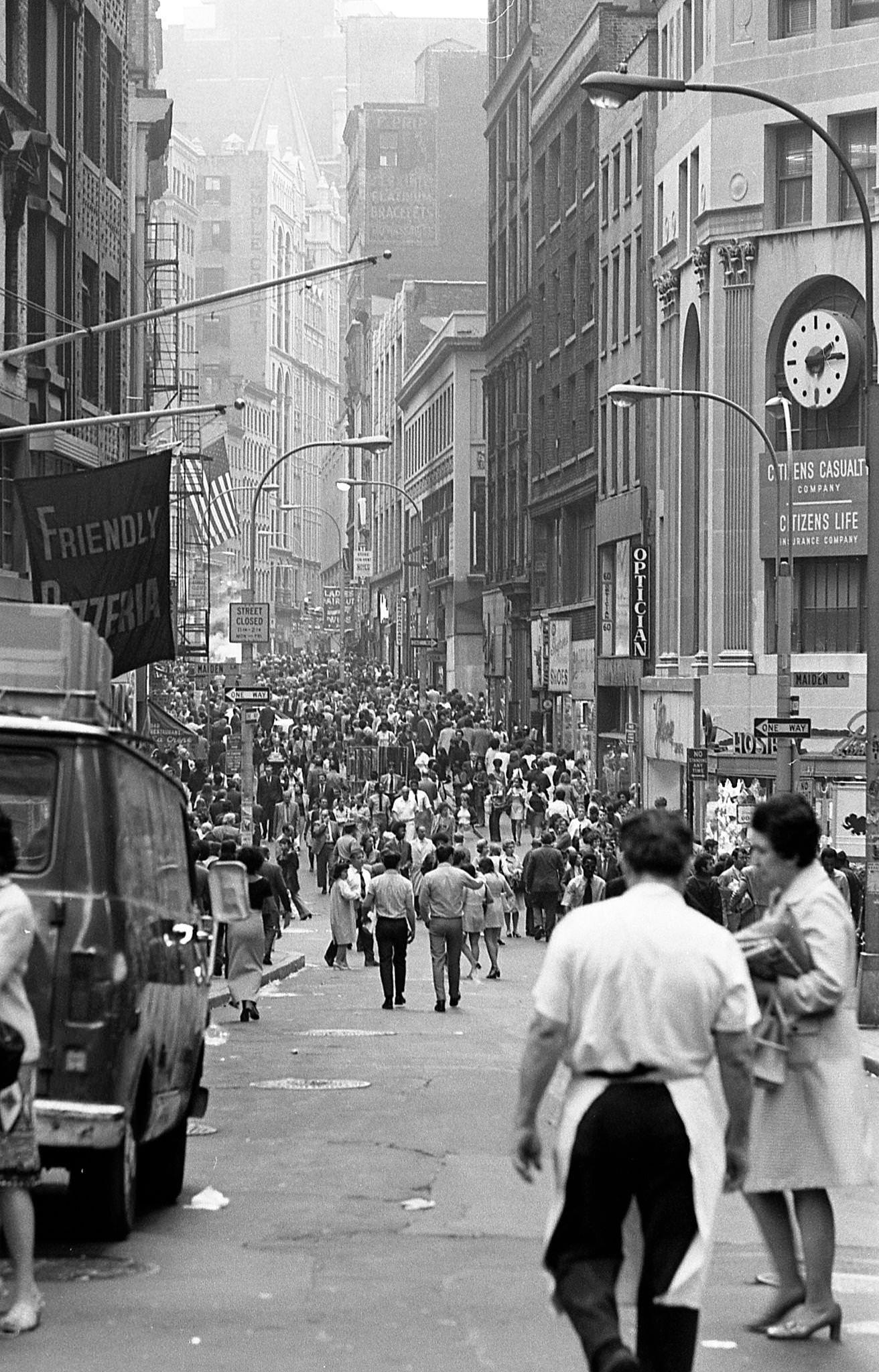 Pedestrians Walking Along Nassau Street During Lunch Hour, Manhattan, 1972