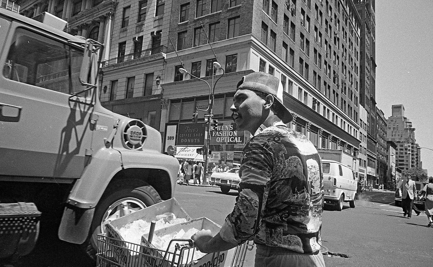 Man Pushing A Shopping Cart At West 36Th Street And 5Th Avenue, Manhattan, 1979