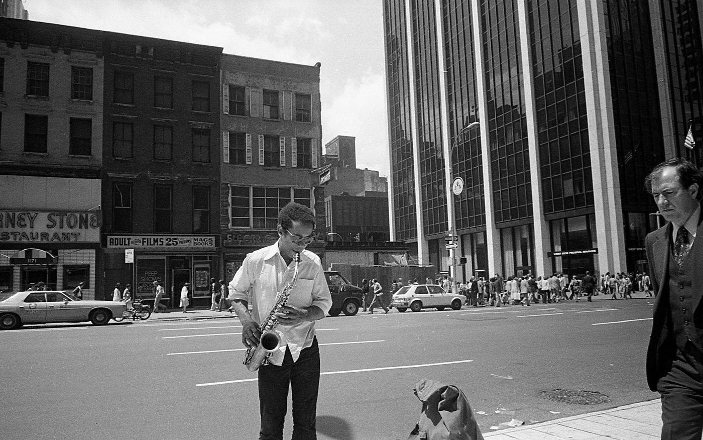 Street Musician Playing Saxophone On 6Th Avenue Near West 46Th Street, Manhattan, 1979