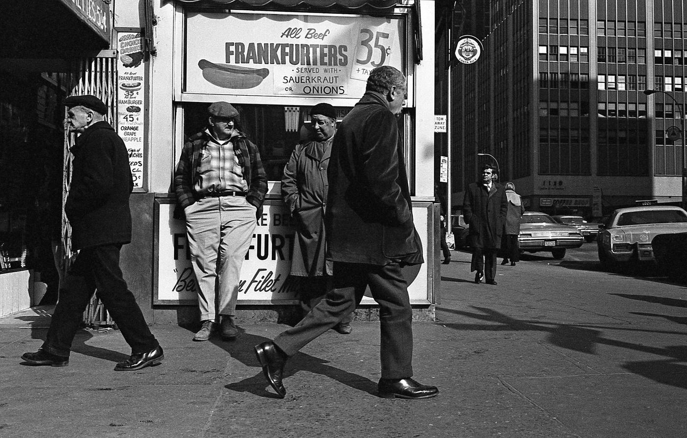 1970S Hot Dog Stand, Two Older Men Engaging In Conversation In Midtown Manhattan, 1972