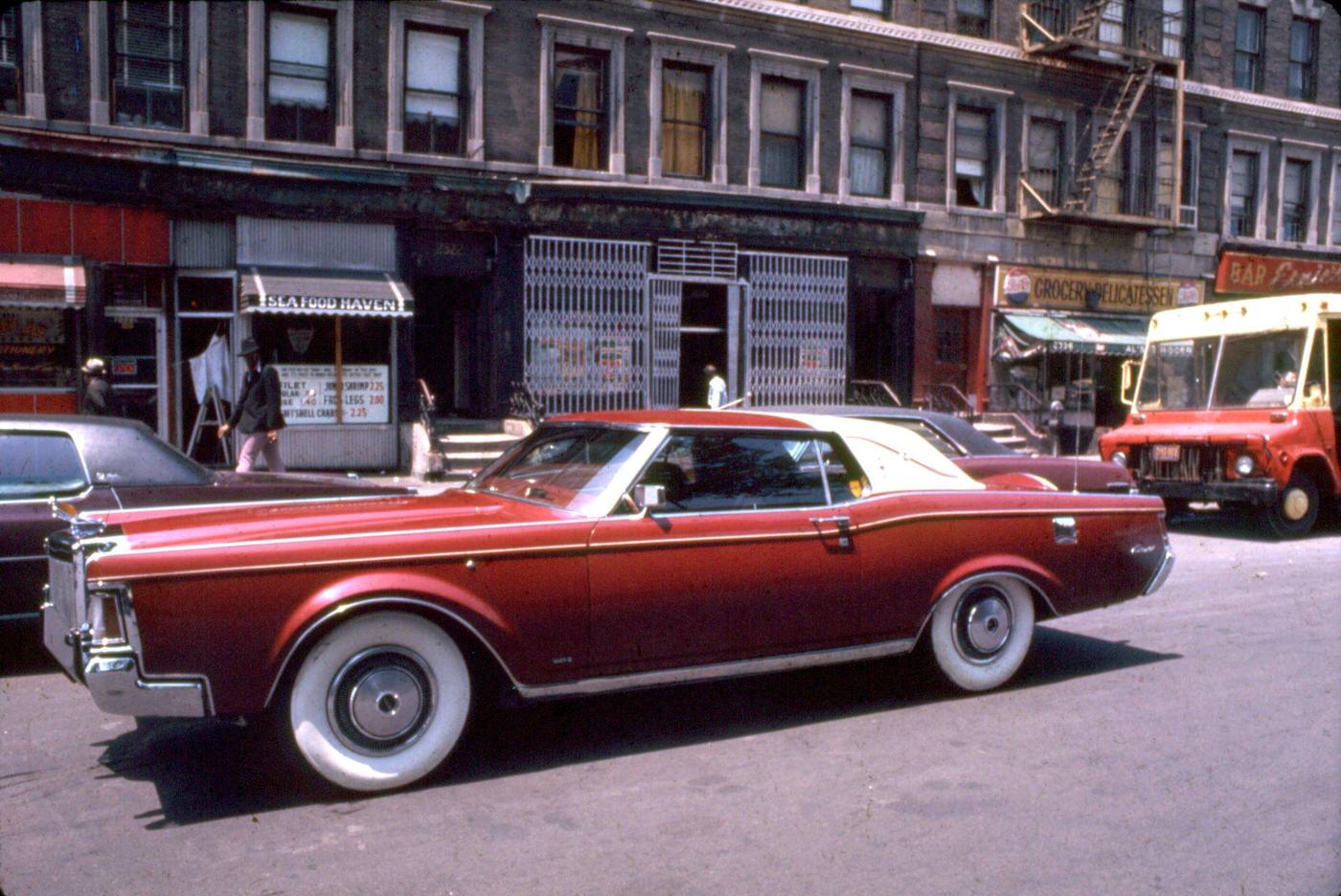 Customized Lincoln-Continental Mark III 'Pimpmobile' on a Street in Harlem, Manhattan, 1970s.