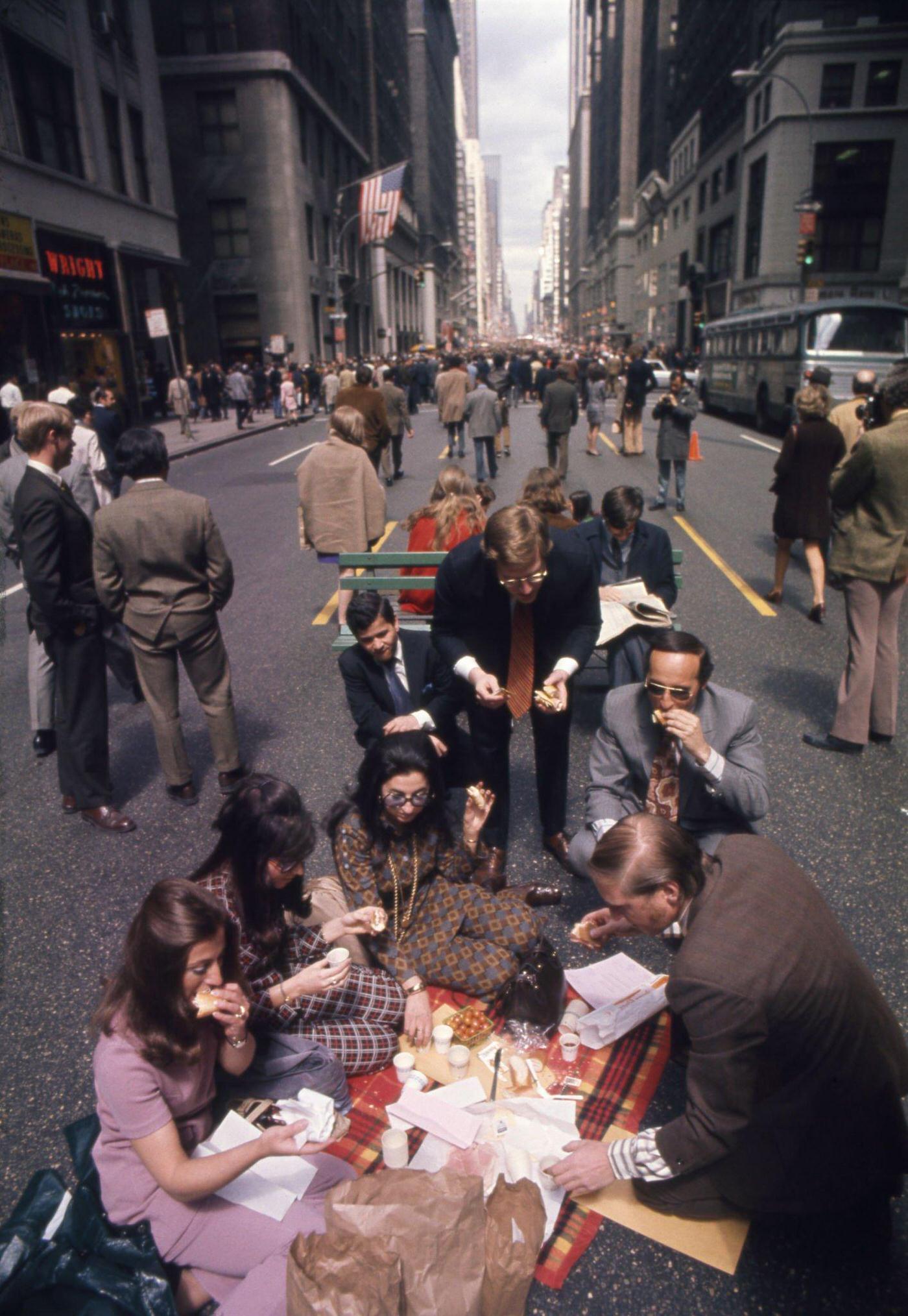 People Enjoying Madison Avenue Closed for Earth Week Celebration in Manhattan, Date Unknown.