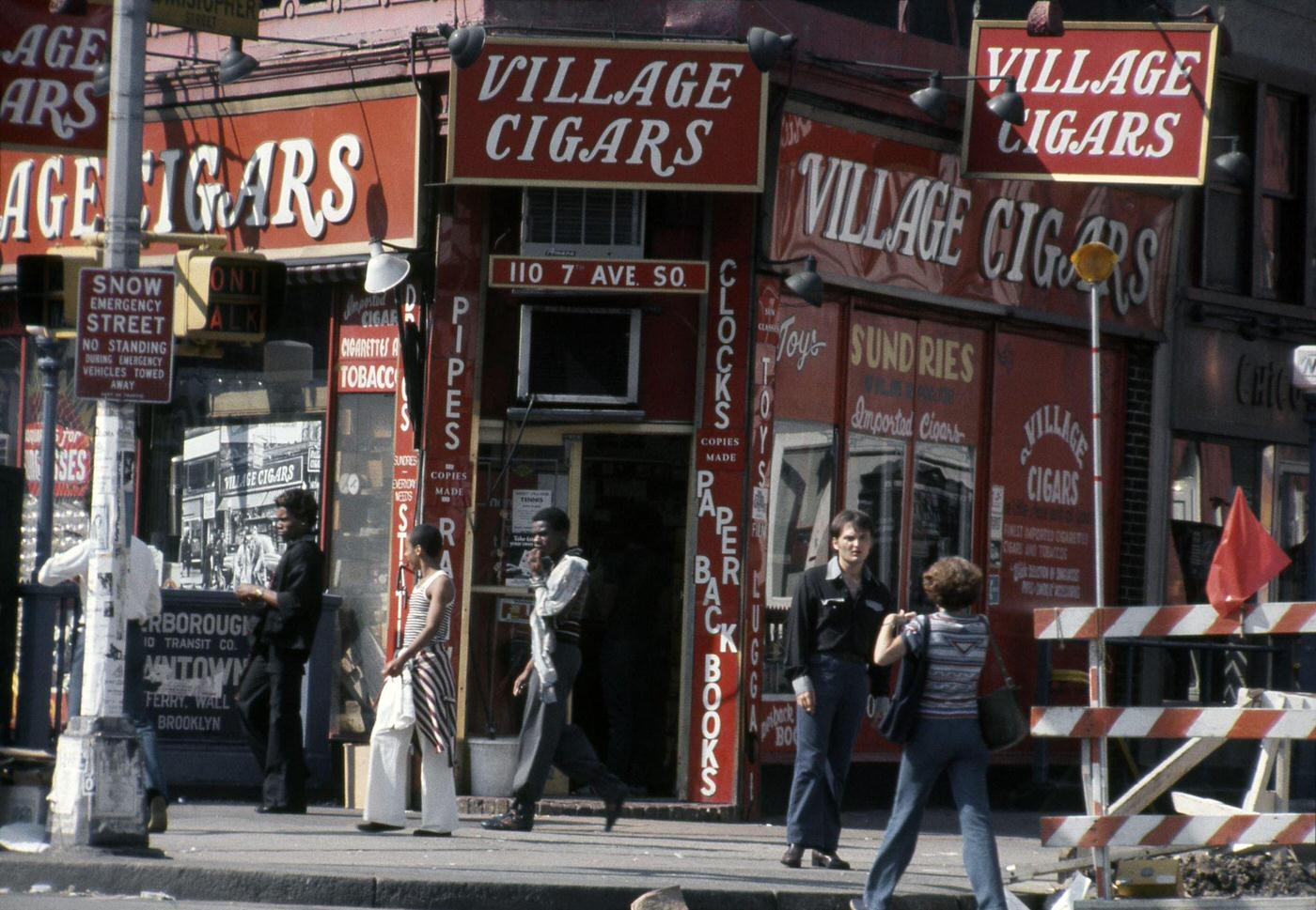 Exterior View of Village Cigars at 110 7th Ave S. and Christopher Street in Greenwich Village, Manhattan, 1976.