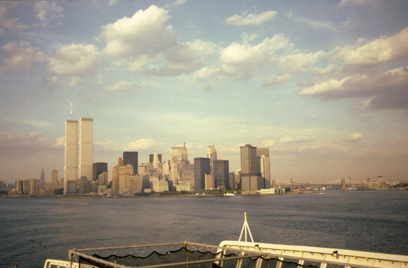 Twin Towers of the World Trade Center Viewed from the Aft Deck of the Cunard Line's Queen Elizabeth 2 Cruise Ship in Manhattan, 1975.