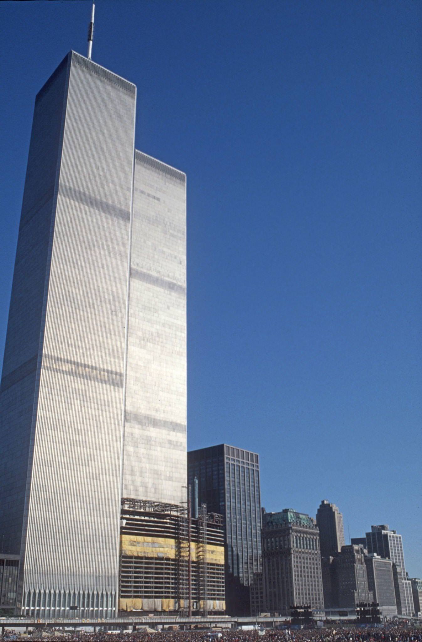 Anti-Nuclear Power Rally and Concert on Battery Park City Landfill Opposite the World Trade Center Twin Towers in Manhattan, 1979.