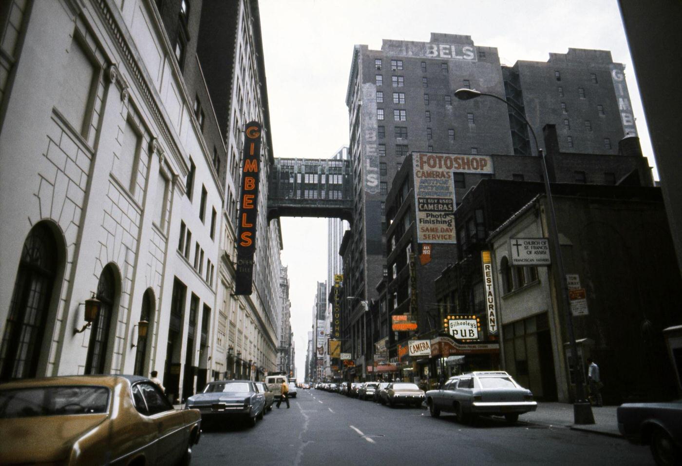 View of 32nd Street and Gimbles Department Store in the Herald Square Area in Manhattan, 1976.