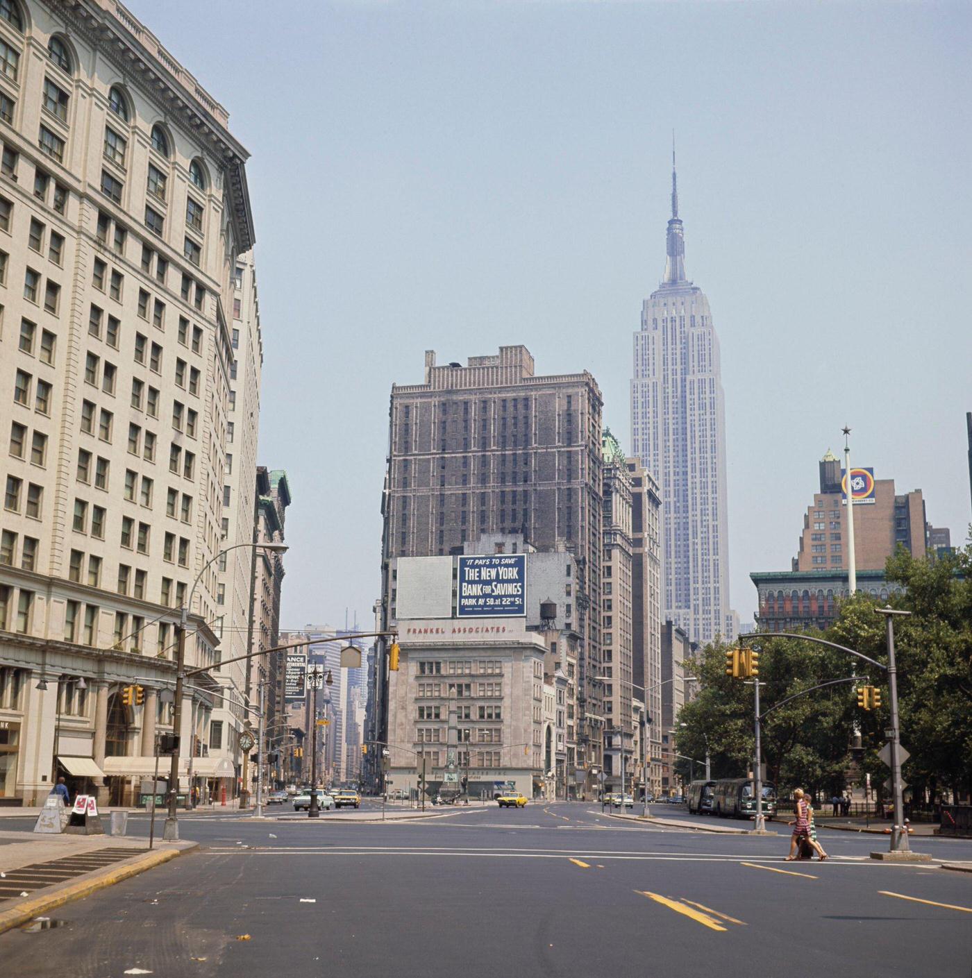 Intersection of Broadway and 5th Avenue at East 23rd Street, Madison Square Park in Background, Manhattan, 1970