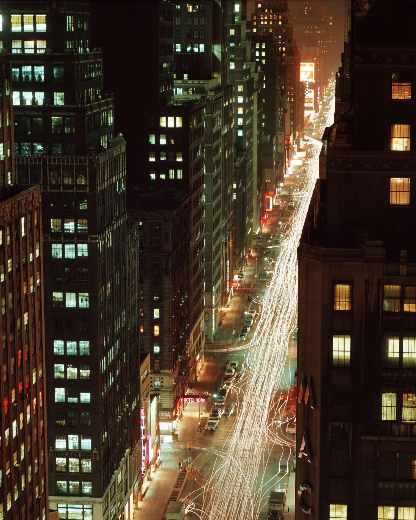 Night Shot Looking North on 7th Avenue from Statler Hilton Roof, Manhattan, 1970s