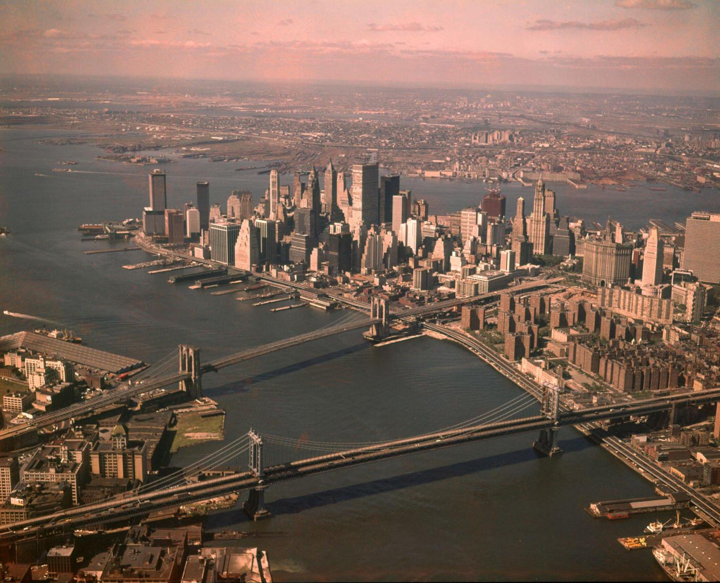 Aerial View Of Downtown Manhattan With Bridges And World Trade Center Under Construction, Manhattan, 1970S