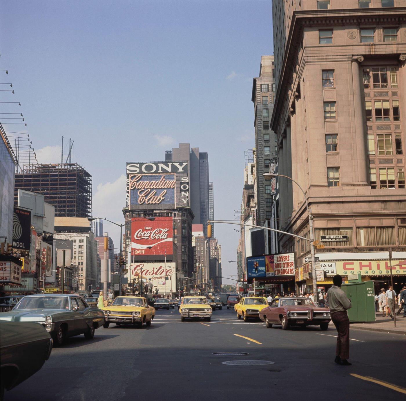 Traffic, Taxis and Pedestrians in Times Square at West 45th Street, Midtown Manhattan, 1970