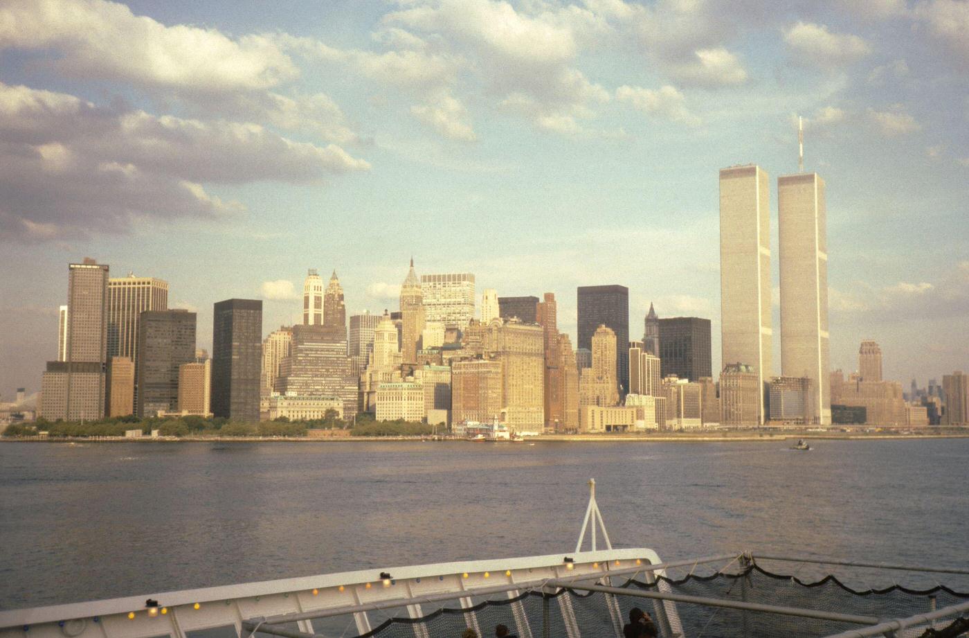 Twin Towers of the World Trade Center, Viewed from the Aft Deck of the Cunard Line's Queen Elizabeth 2 Cruise Ship in Manhattan, 1975.